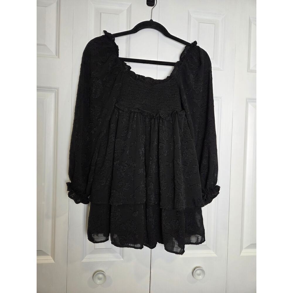 Altar'd State Black Flowy Layers Floral Embroidered Puff Sleeve XS Dress